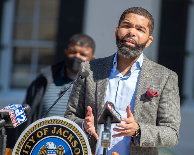 Jackson Mayor Chokwe Antar Lumumba briefs on the city's water situation during the weekly press conference at Jackson Town Hall, Miss., Monday, February 22, 2021.